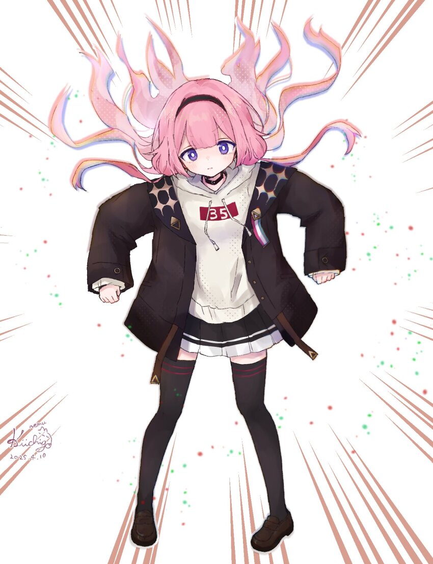 1girl 1st-mn black_collar black_hairband black_jacket black_skirt black_thighhighs blush brown_shoes closed_mouth collar dated emphasis_lines floating_hair full_body hairband highres hood hoodie jacket loafers nijisanji open_clothes open_jacket pink_hair purple_eyes shoes signature skirt solo suo_sango thighhighs virtual_youtuber white_hoodie