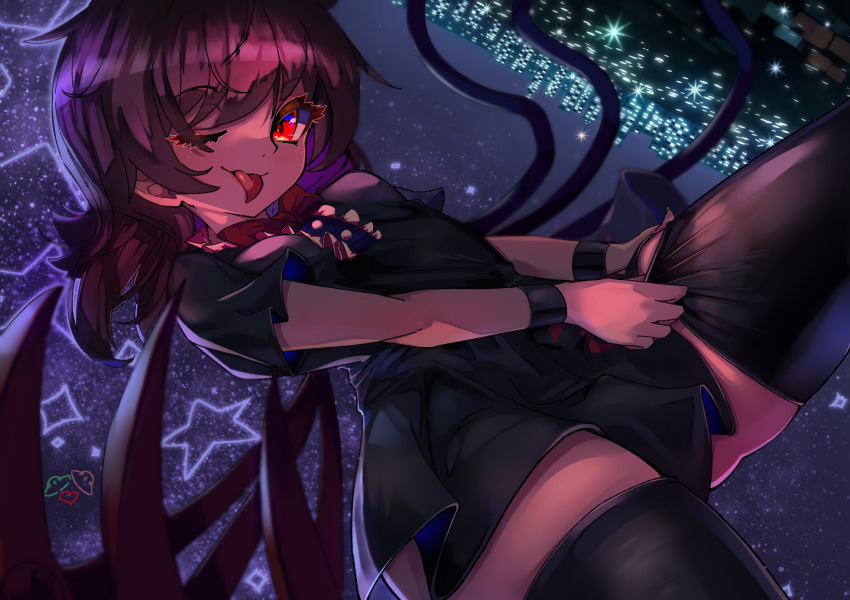 1girl ;p asymmetrical_wings black_dress black_hair black_thighhighs bow bowtie building center_frills cityscape commentary_request dress frills fub_(fubimanji) heart highres houjuu_nue looking_at_viewer medium_hair night night_sky nue_day one_eye_closed outdoors red_bow red_bowtie red_eyes sky skyscraper solo star_(sky) star_(symbol) starry_sky thighhighs tongue tongue_out touhou ufo wings wristband