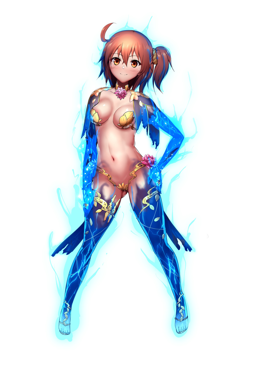 1girl absurdres ahoge armor aura bare_shoulders bikini_armor blush bracelet breasts c-low closed_mouth cosplay fate/grand_order fate_(series) female_focus flower fujimaru_ritsuka_(female) full_body hair_between_eyes hair_ornament hair_scrunchie hand_on_own_hip highres jewelry kama_(fate) kama_(fate)_(cosplay) kama_(third_ascension)_(fate) legs looking_at_viewer lotus medium_breasts one_side_up orange_eyes orange_hair scrunchie short_hair simple_background smile solo thighlet white_background yellow_scrunchie