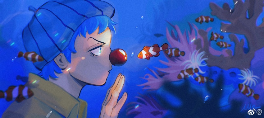 1boy absurdres air_bubble blue_eyes blue_hair blue_hat bubble buggy_the_clown clown_nose clownfish collared_shirt coral eyelashes fish from_side hat highres male_focus one_piece sea_anemone shirt short_hair signature solo upper_body vamos_mk