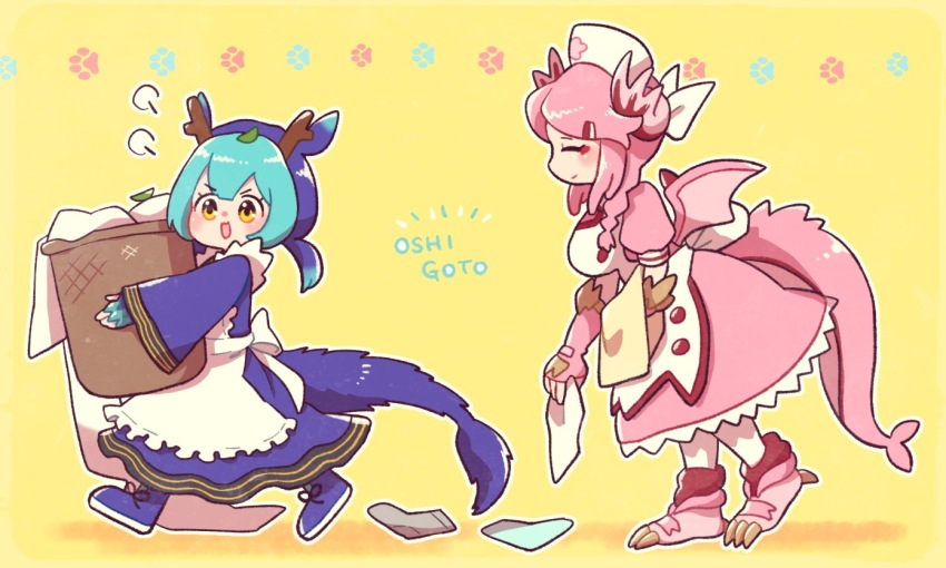 2girls apron basket blanket blue_hair blue_kimono blush braid breasts claws closed_mouth dragon_claw dragon_girl dragon_horns dragon_tail dragon_wings dress duel_monster eastern_dragon_horns fingerless_gloves following frilled_apron frills gloves gohan_(horth-waribasi) hat holding holding_basket horns japanese_clothes kimono large_breasts laundry_dragonmaid long_sleeves maid maid_apron multiple_girls nurse nurse_cap nurse_dragonmaid open_mouth pink_dress pink_hair short_hair short_twintails simple_background smile socks tail twintails wa_maid white_apron wings yellow_background yellow_eyes yu-gi-oh!