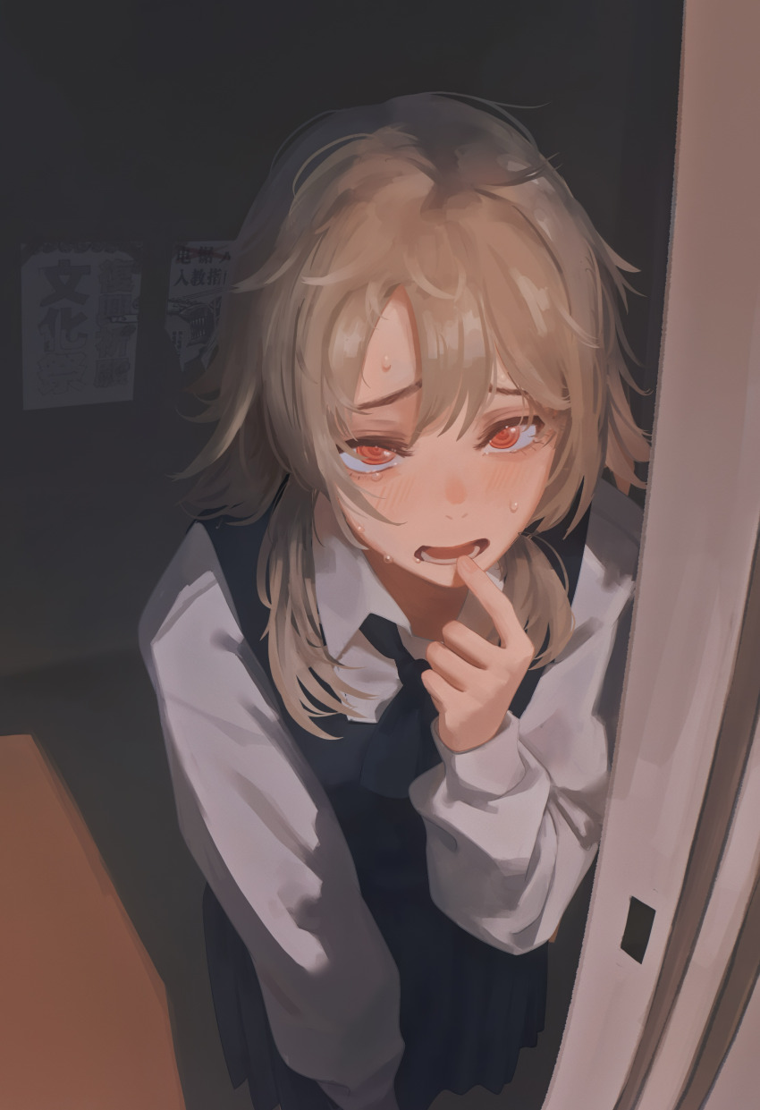 1girl absurdres blonde_hair blush chainsaw_man chinese_commentary commentary fami_(chainsaw_man) finger_to_mouth highres indoors long_sleeves medium_hair nervous_sweating open_mouth red_eyes revision ringed_eyes school_uniform shirt solo sweat tears famine_devil_(chainsaw_man) white_shirt yao_liao_wang