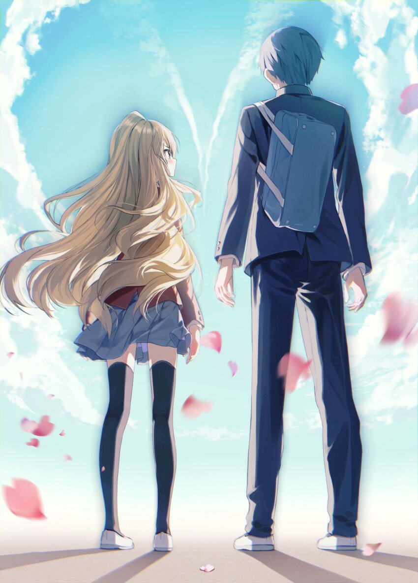 1boy 1girl aisaka_taiga bag black_hair black_jacket black_pants black_thighhighs blazer blue_sky blush brown_hair closed_mouth cloud commentary_request contrail day from_behind gakuran grey_skirt highres jacket long_hair long_sleeves looking_at_another looking_to_the_side outdoors pants pentagon_(railgun_ky1206) petals pleated_skirt red_jacket school_bag school_uniform shoes skirt sky takasu_ryuuji thighhighs toradora! v-shaped_eyebrows very_long_hair white_shoes