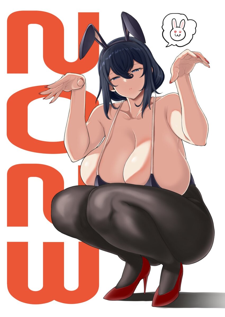 1girl animal_ears arms_up bad_id bad_twitter_id blue_eyes breasts character_request cleavage closed_mouth collarbone copyright_request eo_masaka fake_animal_ears hair_between_eyes hairband half-closed_eyes high_heels highres huge_breasts looking_at_viewer medium_hair nail_polish open_hands pantyhose red_footwear shadow sidelocks solo speech_bubble spoken_animal squatting white_background