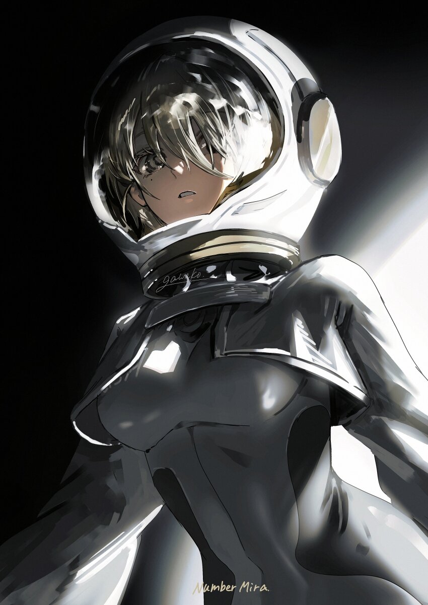 1girl absurdres black_bodysuit bodysuit breasts character_request copyright_request gawako hair_over_eyes helmet highres looking_at_viewer parted_lips signature skin_tight solo