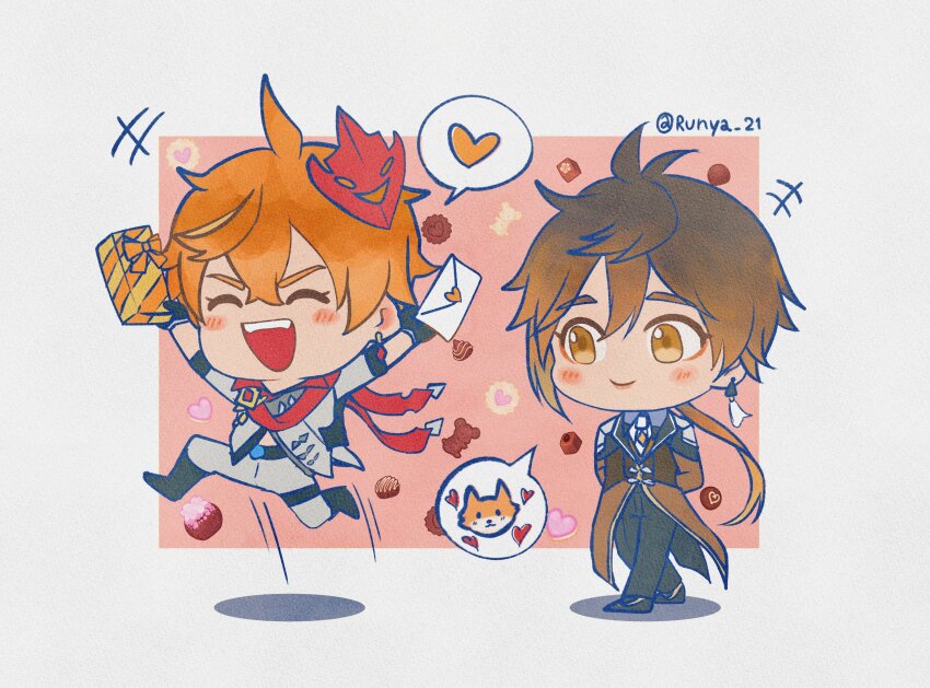 2boys chibi dimples fox genshin_impact heart highres jumping looking_at_another multiple_boys runya_21 speech_bubble tartaglia_(genshin_impact) twitter zhongli_(genshin_impact)