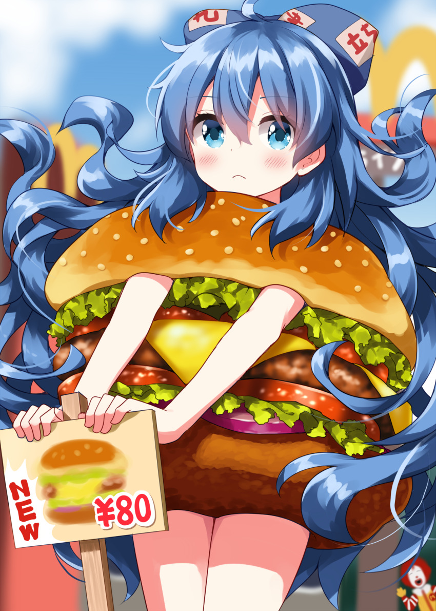 1girl :&lt; alternate_costume blue_bow blue_eyes blue_hair blush bow burger closed_mouth commentary_request cowboy_shot floating_hair food food_costume hair_between_eyes hair_bow highres holding holding_sign long_hair looking_at_viewer mcdonald&#039;s price ronald_mcdonald ruu_(tksymkw) sign solo standing touhou very_long_hair yorigami_shion