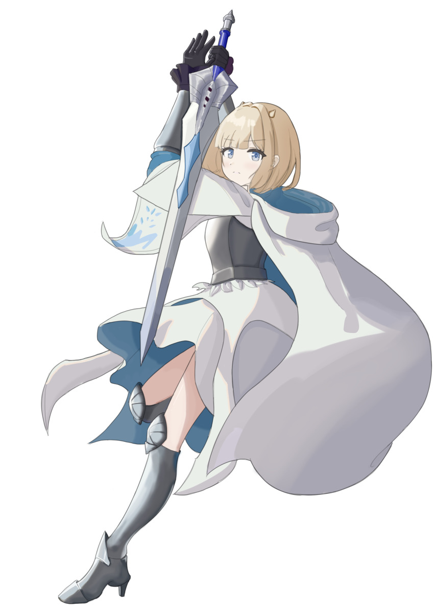 1girl absurdres armor black_gloves blonde_hair blue_eyes breastplate brown_dust_(series) brown_dust_2 cloak closed_mouth demon_horns eyebrows_hidden_by_hair from_side full_body gloves greaves high_heels highres holding holding_sword holding_weapon hood hooded_cloak horns justia_(brown_dust) justia_(white_reaper)_(brown_dust) knee_pads looking_at_viewer short_hair simple_background small_horns solo sword user_1612729301 vambraces weapon white_background white_cloak
