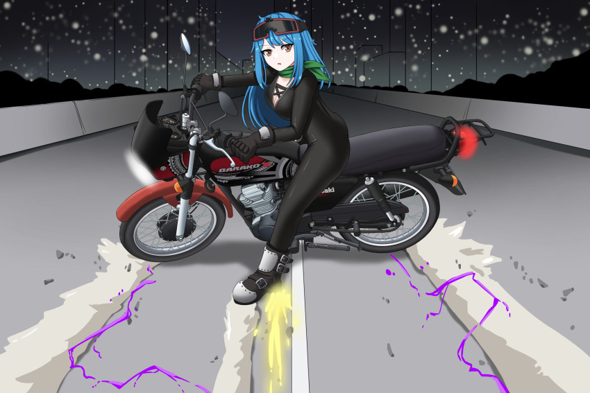 absurdres akira_(manga) akira_slide biker_clothes bikesuit black_bodysuit black_gloves blue_hair bodysuit boots breasts brown_eyes city cleavage gloves goggles goggles_on_head highres kawasaki_(company) kawasaki_barako_ii looking_at_viewer motor_vehicle motorcycle msa_major neckerchief nicole_(msa_major) night night_sky original parody self-upload sky