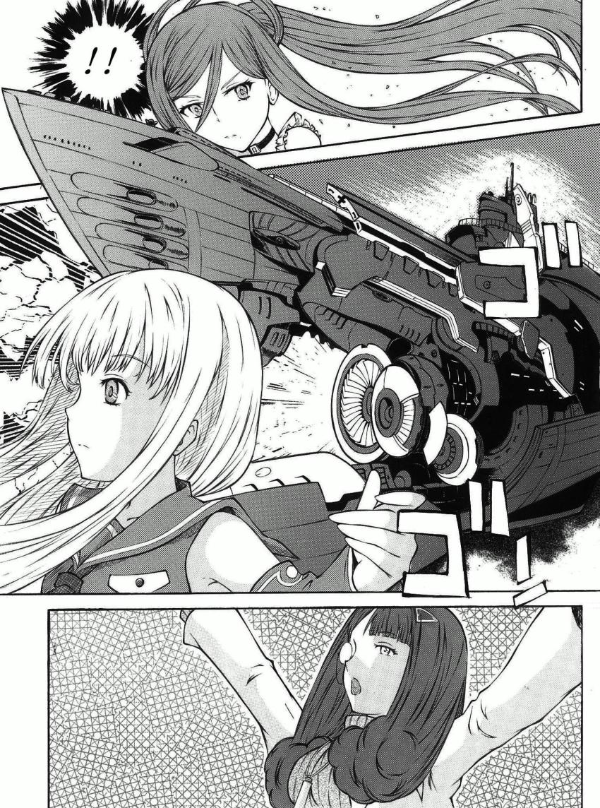 10s 3girls aoki_hagane_no_arpeggio bad_id bad_pixiv_id choker detached_sleeves engeki-bu_danshi greyscale hair_ornament hairclip highres hyuuga_(aoki_hagane_no_arpeggio) i-401_(aoki_hagane_no_arpeggio) ink_(medium) iona_(aoki_hagane_no_arpeggio) jpeg_artifacts long_hair military military_vehicle mixed_media mole mole_under_mouth monochrome monocle multiple_girls open_mouth outstretched_arms personification profile sailor_collar submarine takao_(aoki_hagane_no_arpeggio) traditional_media vehicle_and_personification watercraft