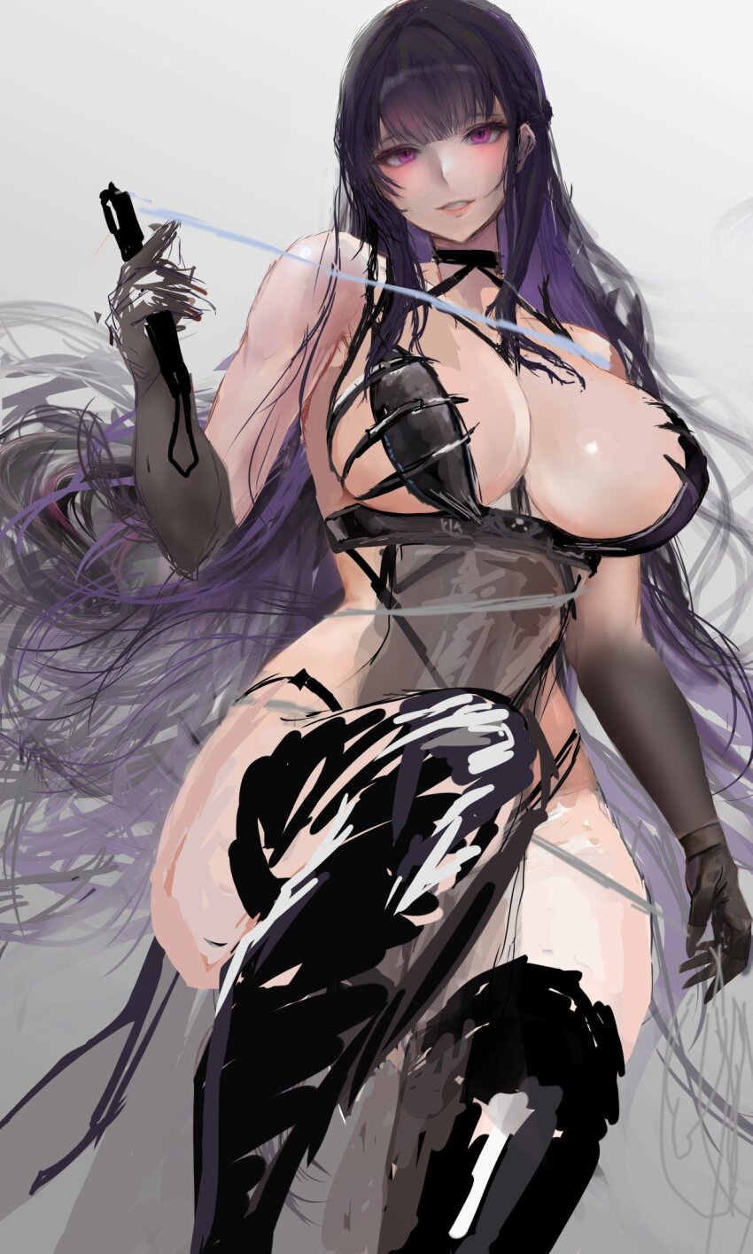 1girl between_breasts black_gloves black_hair blunt_bangs blush breasts chain chain_leash choker cleavage colored_inner_hair dominatrix elbow_gloves gloves goddess_of_victory:_nikke half_updo highleg highres holding kyel_hyde large_breasts leash leather_bikini long_hair looking_at_viewer mihara_(bonding_chain)_(nikke) multicolored_hair purple_eyes see-through_clothes smile solo thighhighs very_long_hair white_background