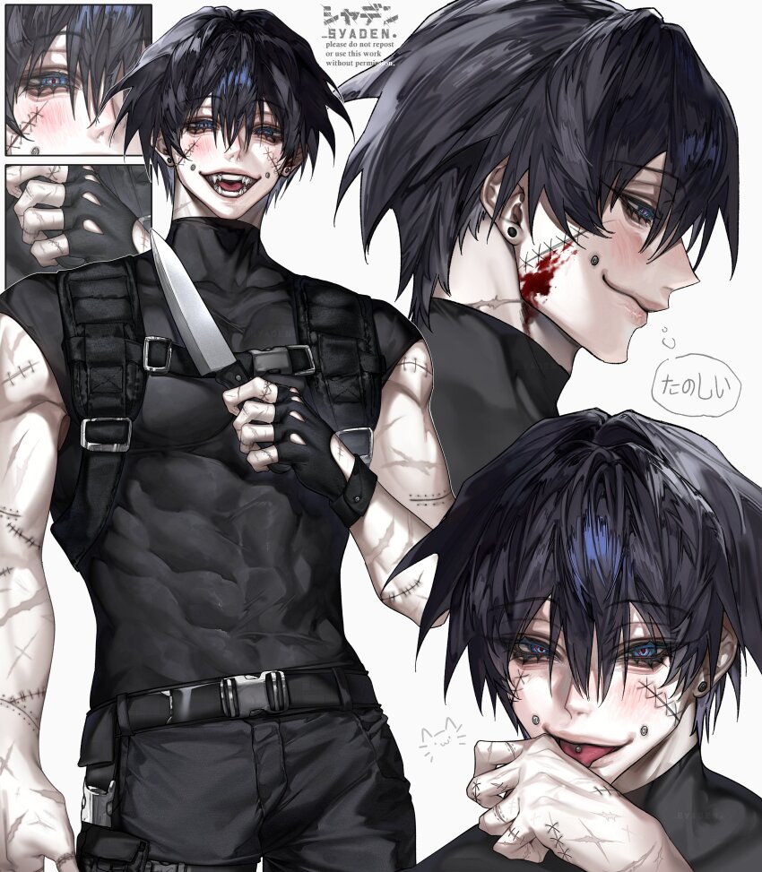 1boy abs absurdres aegyo_sal biceps black_gloves black_hair black_shirt blood blood_on_face blue_eyes blush closed_mouth collarbone compression_shirt double-parted_bangs earrings evil_smile eyes_visible_through_hair face_piercing fangs fingerless_gloves gloves hair_between_eyes hair_over_one_eye highres holding holding_knife jewelry knife licking licking_hand looking_at_viewer looking_to_the_side male_focus mouth_piercing multiple_views muscular muscular_male open_mouth original pectorals piercing red_pupils ringed_eyes scar scar_on_arm scar_on_face scar_on_neck shirt short_hair simple_background sleeveless sleeveless_shirt slit_pupils smile speech_bubble syaden thought_bubble tongue tongue_out tongue_piercing white_background