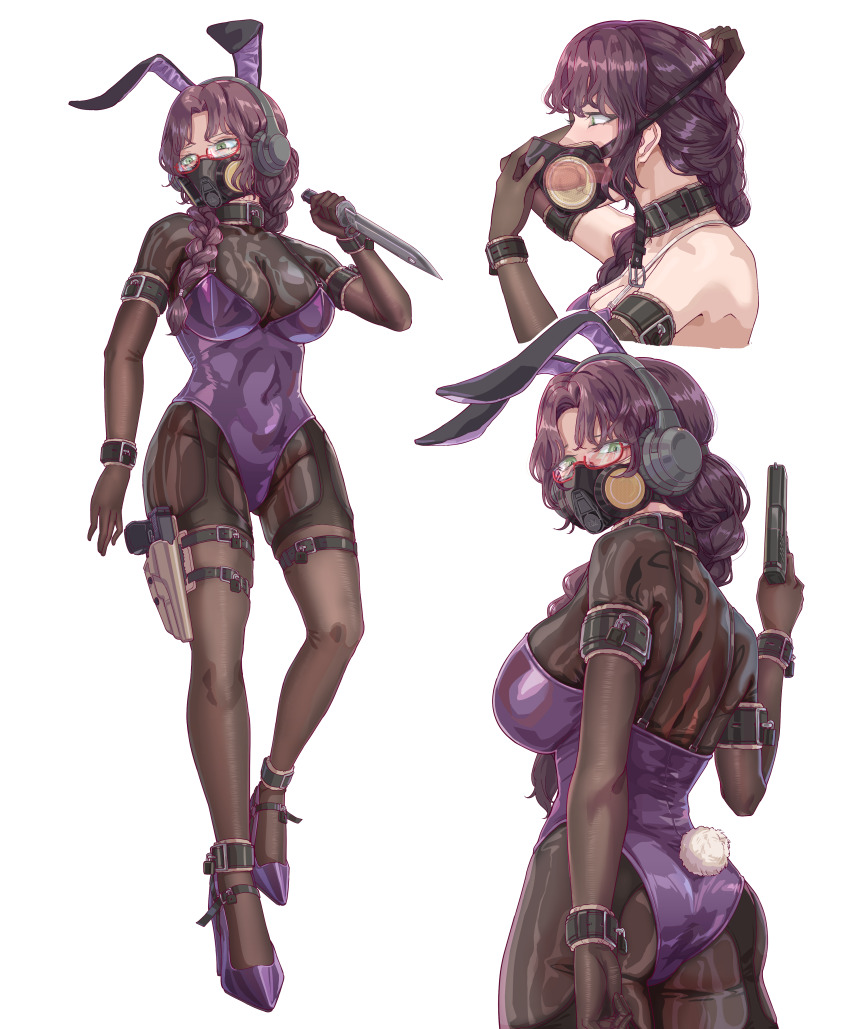 1girl absurdres animal_ears ankle_cuffs arm_cuffs ass black_bodysuit bodysuit bodysuit_under_clothes braid breasts brown_hair collar combat_knife covered_navel cuffs dildo_gag elbow_gloves fake_animal_ears fake_tail gag garter_straps glasses gloves green_eyes gun handgun headphones high_heels highres holding holding_gun holding_knife holding_weapon holster knife large_breasts latex latex_bodysuit leotard leveen lock looking_at_viewer mask medium_hair original padlock playboy_bunny purple_leotard rabbit_ears rabbit_tail respirator reverse_grip see-through_bodysuit see-through_clothes semi-rimless_eyewear shiny_clothes skin_tight solo tail thigh_holster thighhighs under-rim_eyewear weapon white_background x-ray
