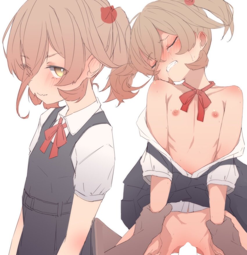 1boy 1girl aged_down blonde_hair blush clenched_teeth closed_eyes clothes_down crying dress flat_chest hetero highres loli looking_at_viewer multiple_views nijisanji nipples nui_sociere osanai_sanday penis school_uniform sex short_hair short_twintails tears teeth twintails vaginal yellow_eyes