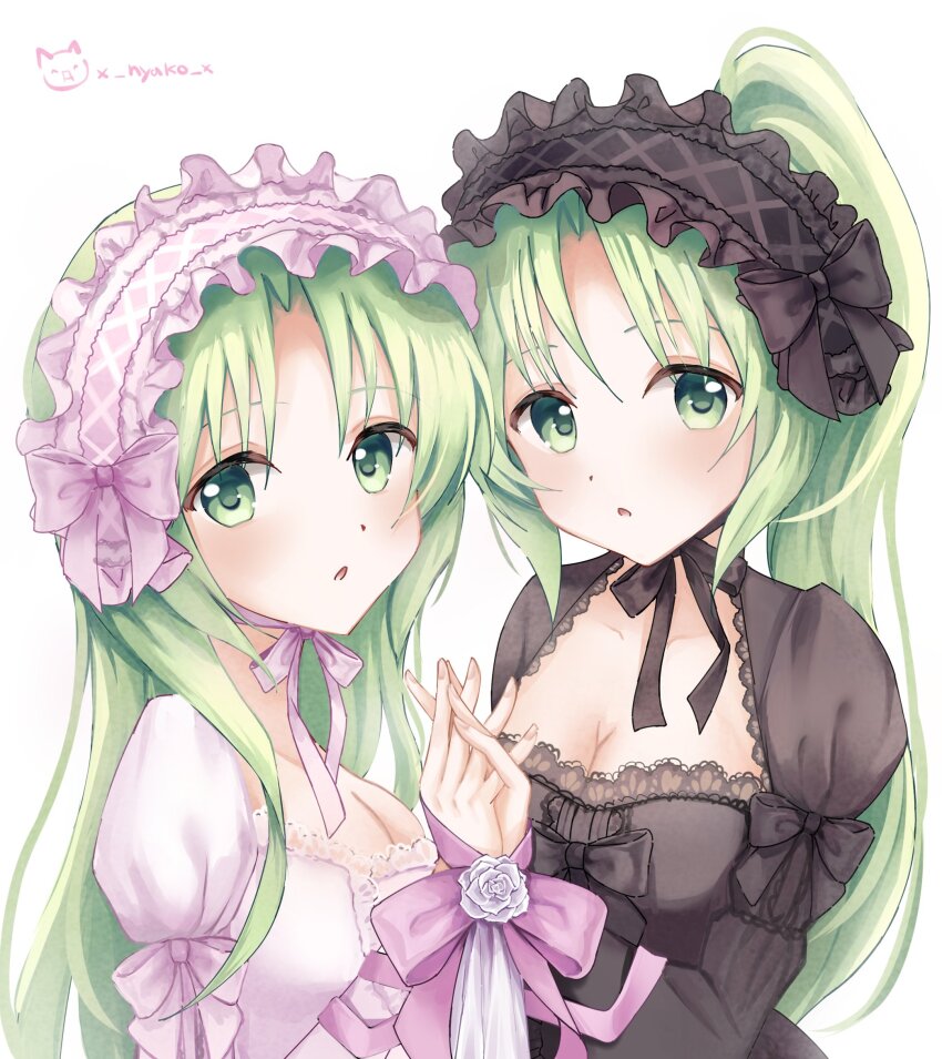 2girls artist_name black_dress black_hairband breasts cleavage dress fingernails green_eyes green_hair hairband highres higurashi_no_naku_koro_ni holding_hands interlocked_fingers lolita_fashion lolita_hairband long_hair long_sleeves looking_at_viewer multiple_girls nyako_(x_nyako_x) parted_lips pink_dress pink_hairband ponytail puffy_sleeves siblings simple_background sisters sonozaki_mion sonozaki_shion twins upper_body white_background