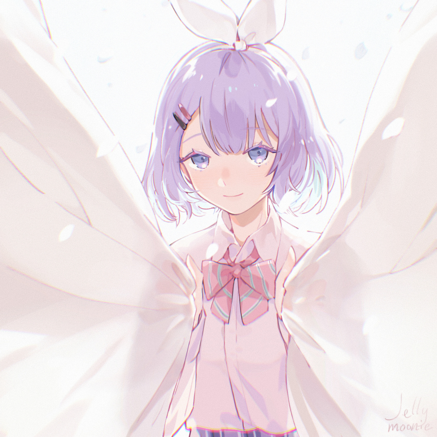blue_eyes blush bow bowtie collared_shirt curtains hair_ribbon highres holding moonie nijisanji nijisanji_kr nun_bora nun_bora_(2nd_costume) pink_bow pink_bowtie pink_shirt purple_hair ribbon school_uniform shirt shirt_tucked_in short_hair smile solo virtual_youtuber white_ribbon