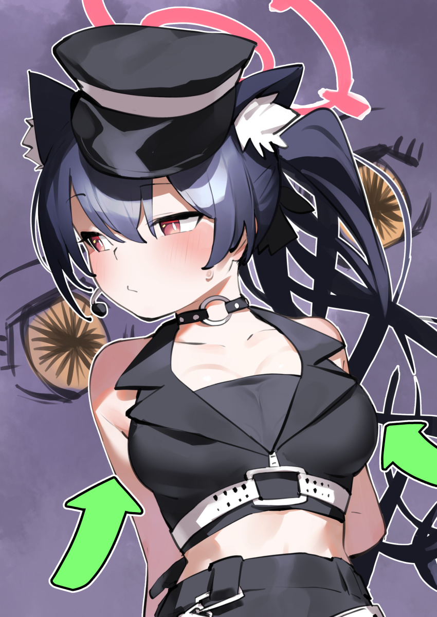1girl absurdres animal_ear_fluff animal_ears bare_shoulders belt black_choker black_gloves black_hair black_shirt blue_archive breasts cat_ears choker closed_mouth earpiece extra_ears gloves goe_(g-o-e) halo hat highres idol idol_clothes large_breasts long_hair midriff o-ring o-ring_choker official_alternate_costume official_alternate_hairstyle peaked_cap pink_halo red_eyes serika_(blue_archive) serika_(idol)_(blue_archive) shirt sleeveless sleeveless_shirt solo upper_body