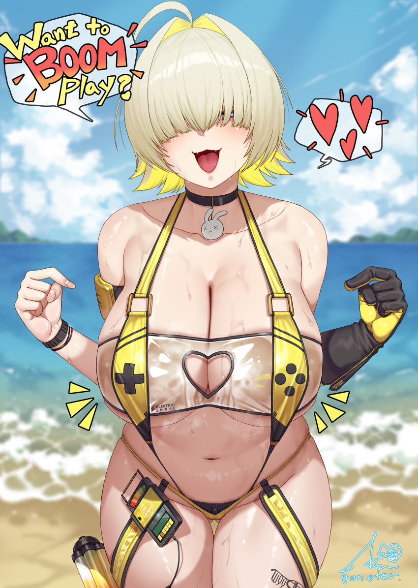 1girl ahoge ass black_choker black_gloves blonde_hair blush breasts choker cleavage clothing_cutout elegg_(boom_and_shock)_(nikke) elegg_(nikke) english_text fangs game_controller_print gloves goddess_of_victory:_nikke gonster hair_intakes hair_over_eyes heart heart_cutout highres large_breasts long_bangs multicolored_hair multiple_views navel ocean official_alternate_costume open_mouth pointing pointing_at_self purple_eyes rabbit_choker rabbit_ornament see-through_slingshot_swimsuit shiny_skin signature smile speech_bubble spoken_heart sweat two-sided_gloves underboob watch wet wristwatch