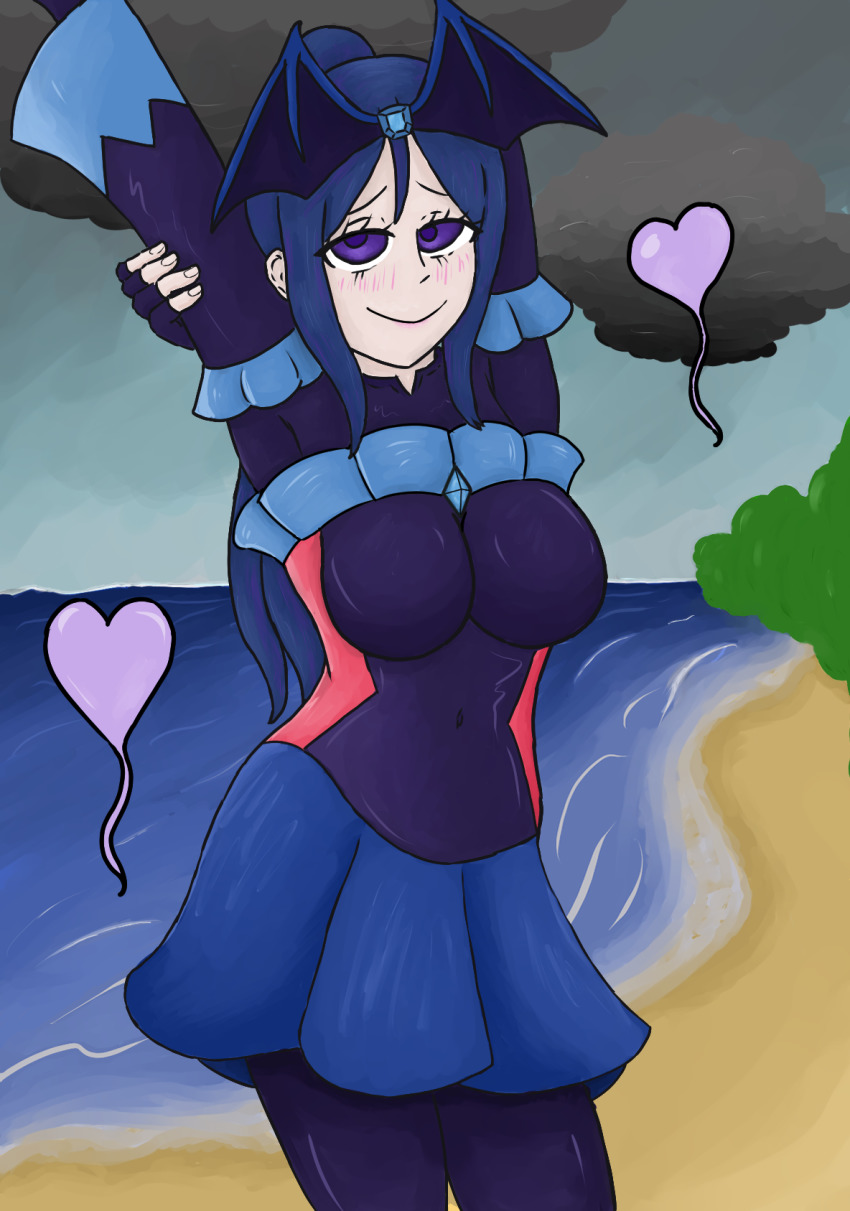 _eyes bad_end_beauty_(cosplay) bad_end_precure beach blue_hair breasts corruption cosplay dark_persona elly_snail evil_grin evil_smile grin highres large_breasts latex love_live! love_live!_sunshine!! matsuura_kanan ocean precure purple_eyes smile smile_precure! stretching