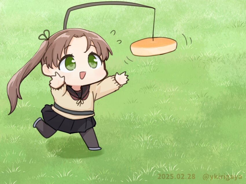 1girl ayanami_(kancolle) ayanami_kai_ni_(kancolle) black_pantyhose black_sailor_collar black_skirt brown_hair brown_sweater dated ehho_ehho_(meme) fishing_rod food grass hanging_food kantai_collection kirigaya_yuuji meme pancake pantyhose parody running sailor_collar school_uniform serafuku side_ponytail skirt solo sweater twitter_username