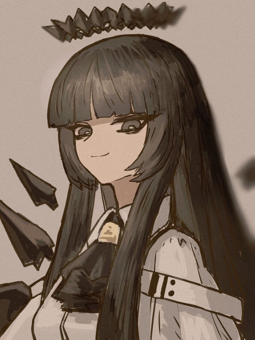 1girl arknights ascot black_ascot black_eyes black_hair black_halo black_wings blunt_bangs blurry breasts bright_pupils broken_halo closed_mouth collared_jacket dark_halo detached_wings energy_wings film_grain from_side grey_background half-closed_eyes halo highres hime_cut jacket light_smile long_hair looking_at_viewer looking_to_the_side medium_breasts shadow sidelocks solo standing straight_hair strap thiccborb upper_body virtuosa_(arknights) white_jacket white_pupils wing_collar wings