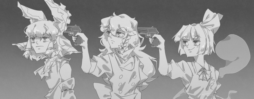 3girls at_gunpoint bow bowtie braid buttons closed_mouth commentary_request cowboy_shot frilled_bow frills frown ghost gun guuchama hair_bow hakurei_reimu handgun highres holding holding_gun holding_weapon kirisame_marisa konpaku_youmu konpaku_youmu_(ghost) long_hair looking_at_another multiple_girls shirt short_hair side_braid single_braid smile touhou v-shaped_eyebrows vest weapon