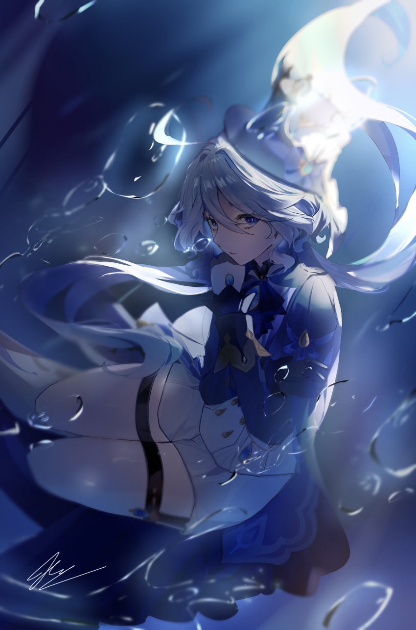 1girl absurdres ahoge ascot asymmetrical_gloves blue_ascot blue_brooch blue_eyes blue_gemstone blue_hair blue_hat blue_jacket drop-shaped_pupils furina_(genshin_impact) gem genshin_impact gloves hat heterochromia highres jacket k_hannah long_hair long_sleeves looking_at_viewer mismatched_gloves mismatched_pupils multicolored_hair ouji_fashion shoes signature solo streaked_hair symbol-shaped_pupils thigh_strap top_hat white_hair white_shoes