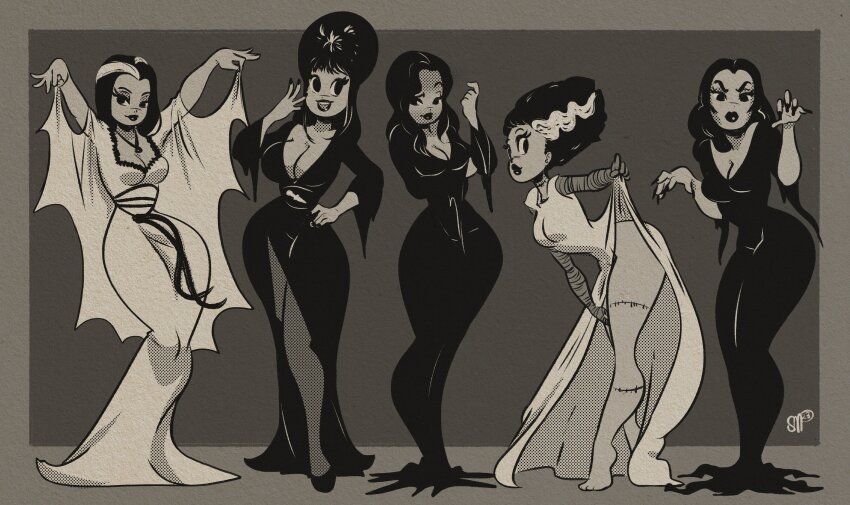 1950s_(style) 1girl addams_family alternate_costume bandages black_eyes black_hair breasts bride_of_frankenstein cape elvira:_mistress_of_the_dark elvira_(elvira:_mistress_of_the_dark) fingernails frankenstein hand_on_own_hip highres large_breasts lily_munster lipstick makeup monochrome morticia_addams pantyhose sgtmadness sharp_fingernails stitches the_munsters the_vampira_show vampira vampire zombie