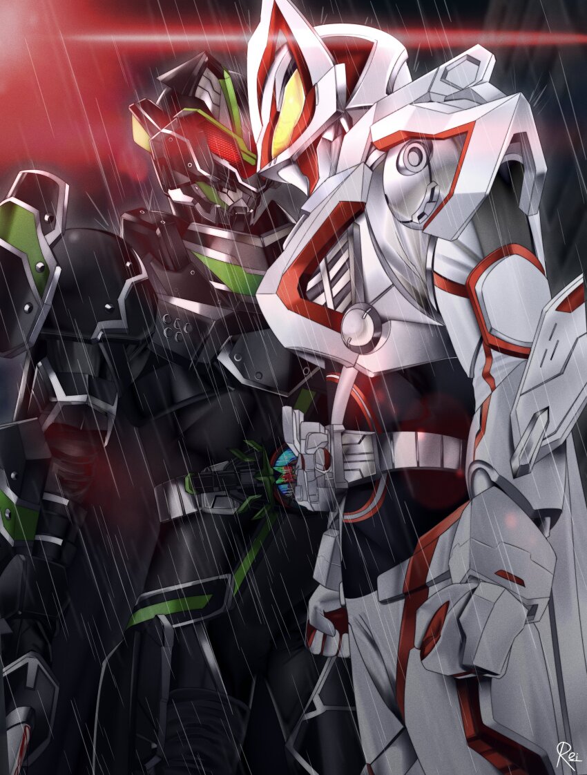 2boys absurdres animal_ears armor black_armor black_background black_bodysuit bodysuit boost_mark_ix_buckle bujin_(geats) bujinsword_buckle cape character_name commentary commentary_request desire_driver faceoff flaming_eye fox_mask from_side glowing glowing_eyes helmet highres holding holding_sword holding_weapon kamen_rider kamen_rider_geats kamen_rider_geats_(series) kamen_rider_geats_ix kamen_rider_tycoon kamen_rider_tycoon_bujinsword light_particles male_focus mask mixed-language_commentary multiple_boys neon_trim night power_armor raccoon_ears rain red_eyes reiei_8 rider_belt signature sword thighs tokusatsu water_drop weapon yellow_eyes