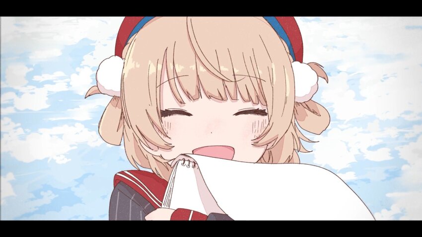 1girl artist_request beret blonde_hair blue_sky blunt_ends blush closed_eyes cloud cloudy_sky dot_nose facing_viewer grey_jacket hair_ornament hair_rings happy hat highres holding holding_sketchbook hugging_object indie_virtual_youtuber jacket letterboxed long_sleeves official_art open_mouth pinstripe_jacket pinstripe_pattern pom_pom_(clothes) pom_pom_hair_ornament portrait red_hat red_sailor_collar sailor_collar shigure_ui shigure_ui_(vtuber) shigure_ui_(vtuber)_(1st_costume) sketchbook sky smile solo straight-on swept_bangs video_thumbnail virtual_youtuber wire_binding
