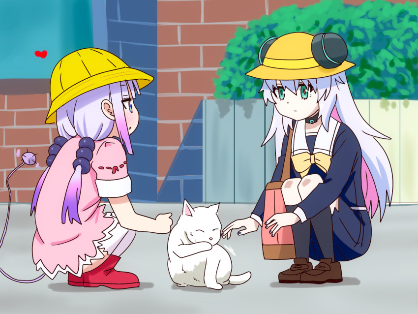 2girls alma-chan_wa_kazoku_ni_naritai alma_(alma-chan_wa_kazoku_ni_naritai) cat hat kanna_kamui kobayashi-san_chi_no_maidragon multiple_girls white_hair yellow_hat