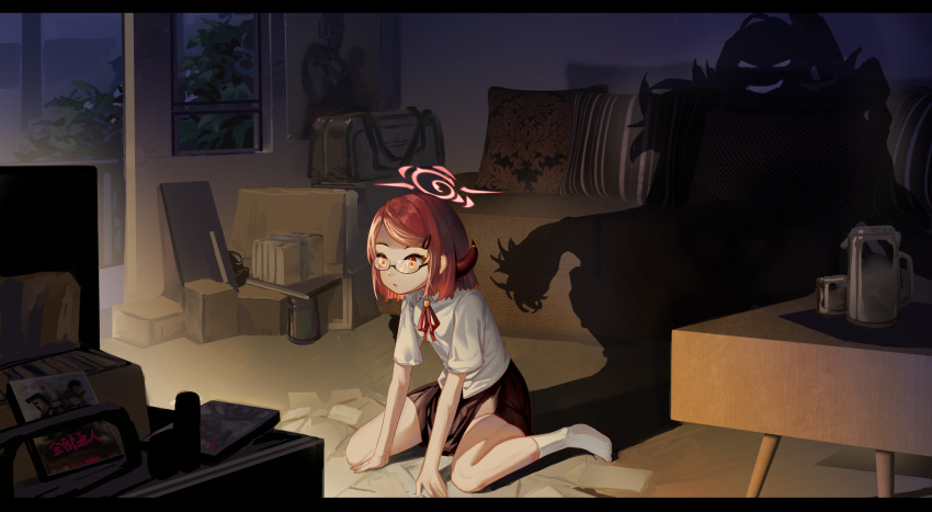 1girl aircctzillie aru_(blue_archive) aru_(young)_(blue_archive) bag blue_archive different_shadow duffel_bag glasses highres horns night parted_bangs pitcher_(container) red_hair watching_television yellow_eyes