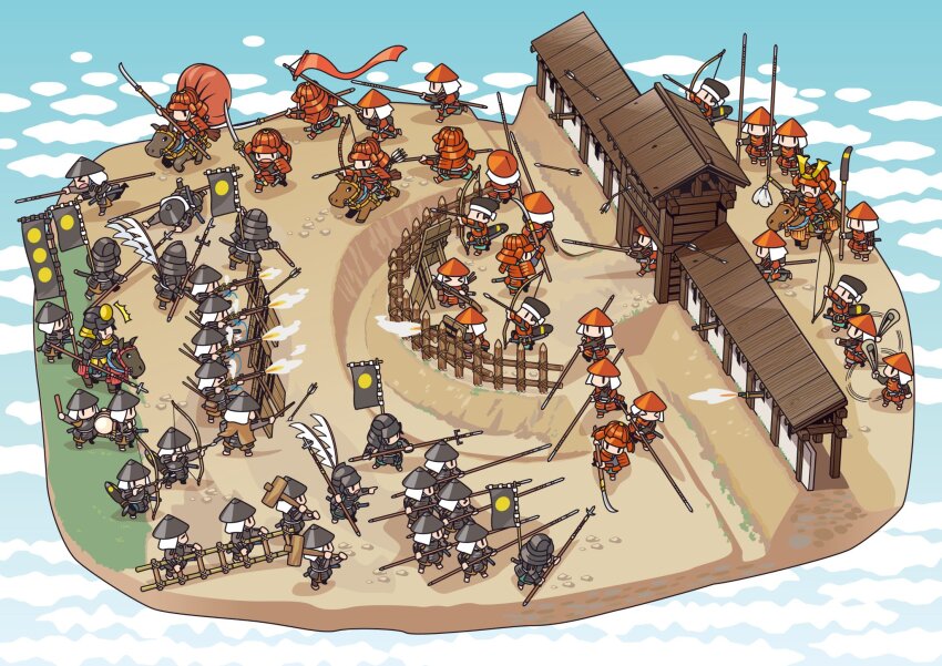 6+boys aka-kabuto_no_gema antique_firearm architecture armor arrow_(projectile) banner battle battle_standard black_armor defensive_wall drum drumming east_asian_architecture fence firearm firelock from_above gun hat helmet highres holding holding_banner holding_weapon horse instrument japanese_armor jingasa kabuto_(helmet) mallet matchlock multiple_boys naginata original palisade polearm red_armor shield shoulder_armor simple_background slingshot_(weapon) sode soldier spear suneate too_many trench war_banner weapon yari