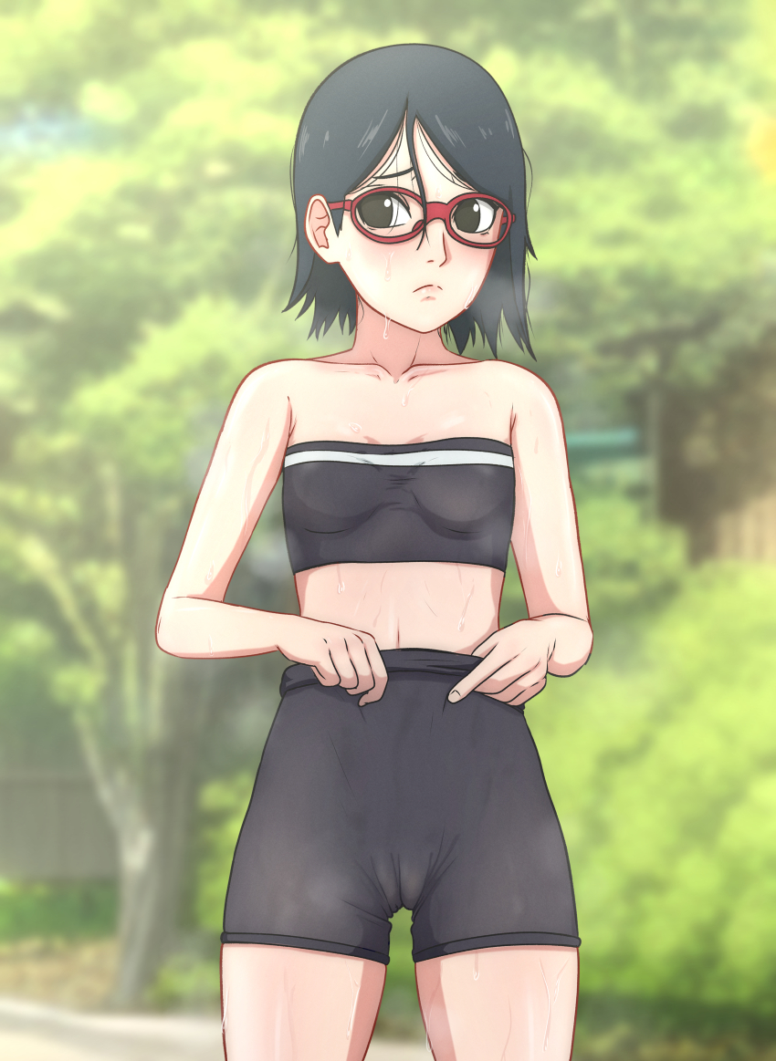 1girl absurdres bike_shorts black_eyes black_hair blush boruto:_naruto_next_generations breasts glasses highres loli naruto_(series) noxdsa short_hair solo sweat uchiha_sarada