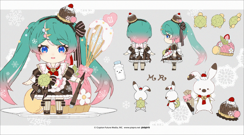 1girl apron black_shoes blue_eyes bottle chibi commentary_request dress food frilled_apron frills fruit gradient_hair green_hair grey_background hakusai_(tiahszld) hatsune_miku highres holding milk milk_bottle multicolored_hair multiple_views official_art open_mouth pastry_bag pink_hair puffy_short_sleeves puffy_sleeves rabbit_yukine sailor_collar shoes short_sleeves snowflakes strawberry striped_clothes striped_dress striped_thighhighs thighhighs twintails vertical-striped_clothes vertical-striped_thighhighs vocaloid watermark web_address whisk white_apron white_sailor_collar yuki_miku