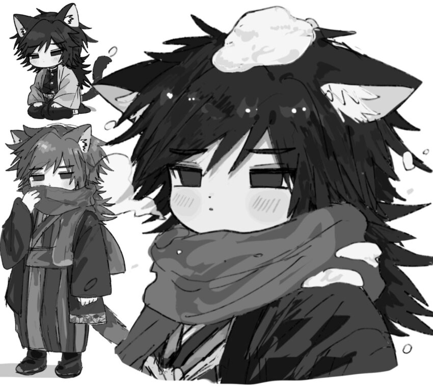 1boy animal_ears blue_eyes buttons cat_boy cat_ears cat_tail chibi demon_slayer_uniform empty_eyes full_body greyscale half-closed_eyes haori highres japanese_clothes kimetsu_no_yaiba kimono light_blush long_hair low_ponytail male_focus monochrome multiple_views ponytail scarf simple_background sitting solo spiked_hair tail tomioka_giyuu upper_body usisandao white_background