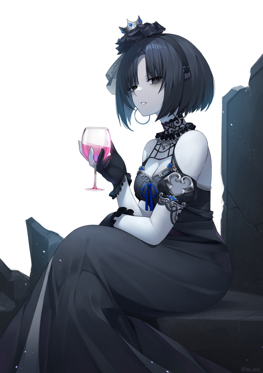 1girl absurdres bare_shoulders black_dress black_eyes black_gloves black_hair breasts chair cleavage cup dress drinking_glass eki_doki gloves hairband highres looking_at_viewer original pale_skin parted_lips short_hair sitting solo wine_glass