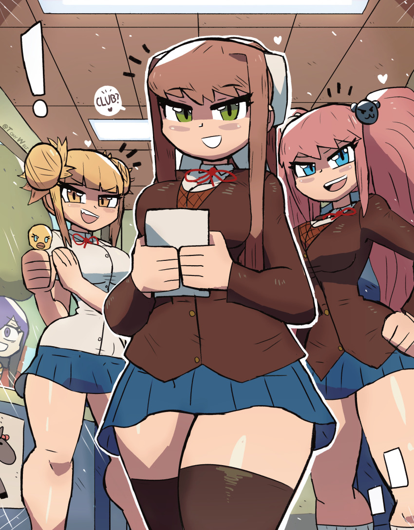 ! 4girls absurdres animal_hair_ornament bear_hair_ornament black_thighhighs blonde_hair blue_eyes blue_skirt blush boku_no_hero_academia breasts brown_hair brown_jacket brown_vest ceiling ceiling_light crossover danganronpa_(series) doki_doki_literature_club double_bun enoshima_junko fangs food green_eyes grin hair_bun hair_ornament hair_ribbon hallway hand_on_own_hip heart highres holding jacket large_breasts long_hair long_sleeves looking_at_viewer looney_tunes messy_hair monika_(doki_doki_literature_club) multiple_girls neck_ribbon open_mouth paper pink_hair ponytail popsicle purple_eyes purple_hair red_ribbon ribbon school school_uniform shirt short_sleeves sidelocks skirt smile socks speech_bubble spoken_heart standing teeth thick_thighs thighhighs thighs toga_himiko tony_welt trait_connection tree tweety_bird twintails vest white_ribbon white_shirt white_socks wide_hips window yellow_eyes yuri_(doki_doki_literature_club)