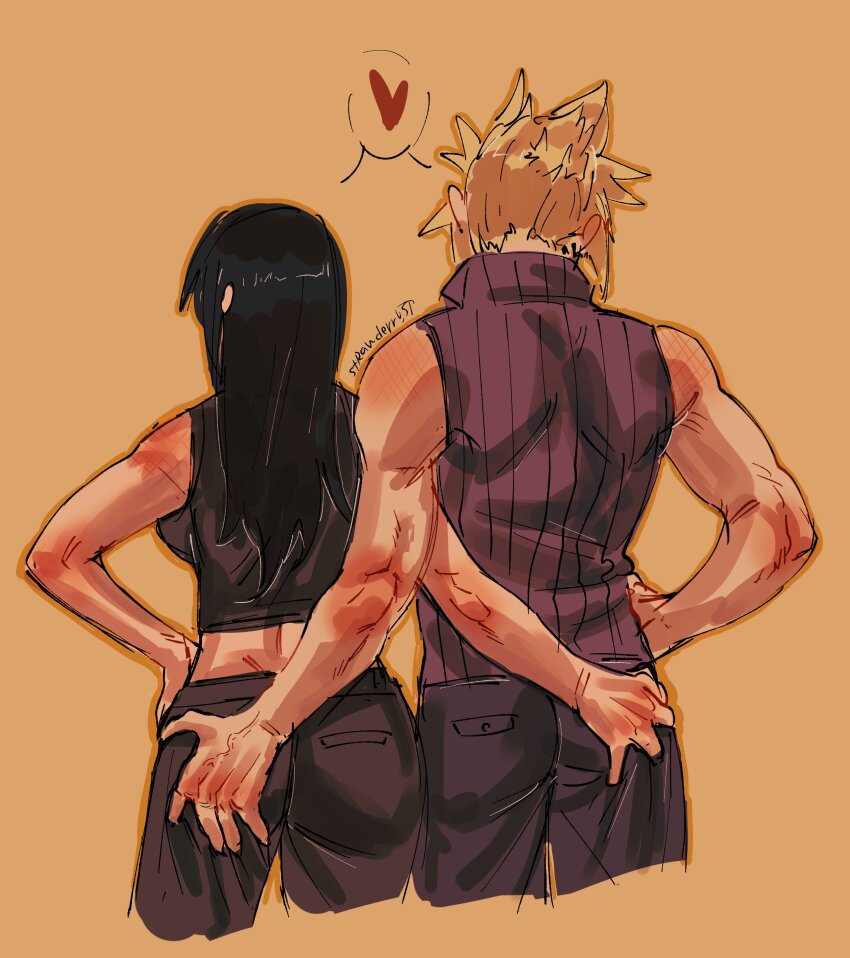 1boy 1girl absurdres assertive_female back bare_arms black_hair black_pants black_shirt blonde_hair blush breasts cloud_strife commentary cowboy_shot crop_top final_fantasy final_fantasy_vii final_fantasy_vii_advent_children from_behind grabbing_another&#039;s_ass groping hand_on_own_hip heart high_collar highres long_hair midriff mutual_ass_grab orange_background orange_outline outline pants shirt signature simple_background sleeveless sleeveless_shirt speech_bubble spiked_hair standing strawderryst symbol-only_commentary tank_top tifa_lockhart