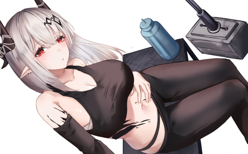 1girl absurdres arknights bare_shoulders bench black_horns black_leggings black_sports_bra breasts chest_sarashi cleavage collarbone crop_top drink ear_piercing feet_out_of_frame grey_hair hair_between_eyes hammer hand_on_own_stomach highres horns large_breasts leggings looking_at_viewer material_growth medium_hair midriff mo_komo_momo mudrock_(arknights) navel on_bench oripathy_lesion_(arknights) parted_lips piercing pointy_ears red_eyes sarashi simple_background sitting sledgehammer sleeveless solo sports_bra weapon white_background