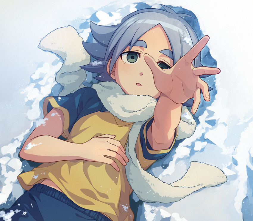 1boy ahoge asada_hachi blue_hair blue_shorts commentary_request fubuki_shirou fur_scarf green_eyes inazuma_eleven inazuma_eleven_(series) lying male_focus midriff_peek on_back outstretched_arm raimon raimon_soccer_uniform reaching reaching_towards_viewer scarf shirt short_hair shorts snow soccer_uniform solo sportswear upper_body white_scarf yellow_shirt
