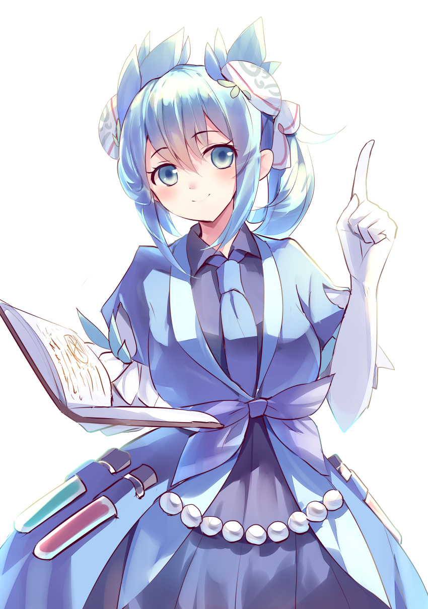 1girl absurdres aromage_rosemary ascot blue_ascot blue_eyes blue_hair blush book breasts closed_mouth duel_monster gloves hair_between_eyes highres holding holding_book index_finger_raised jewelry kanzakietc long_hair medium_breasts simple_background smile solo test_tube white_background white_gloves yu-gi-oh!