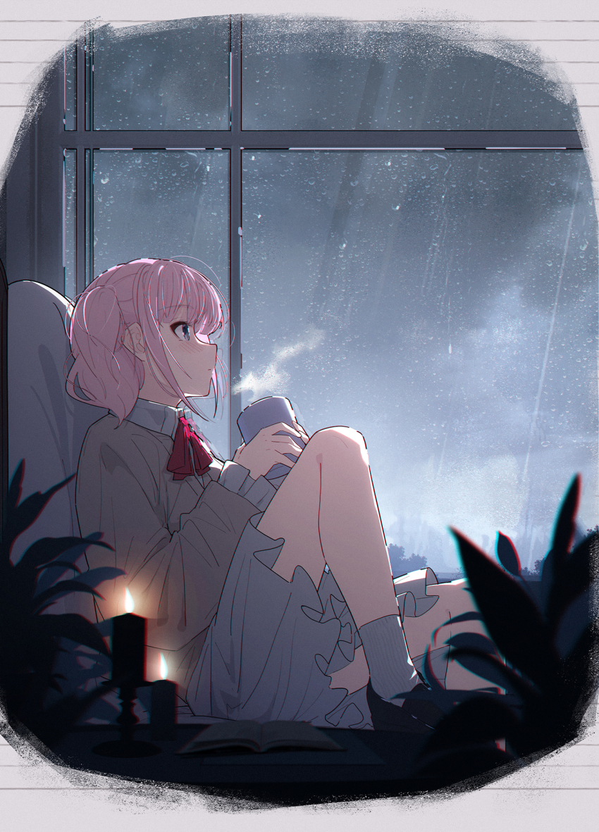 1girl blush brown_cardigan cardigan chinese_commentary closed_mouth commentary_request cup girls_band_cry grey_eyes highres hina_(girls_band_cry) holding holding_cup indoors long_sleeves neck_ribbon pink_hair pleated_skirt rain red_ribbon ribbon short_hair short_twintails sitting skirt solo steam twintails white_skirt window yun_cao_bing
