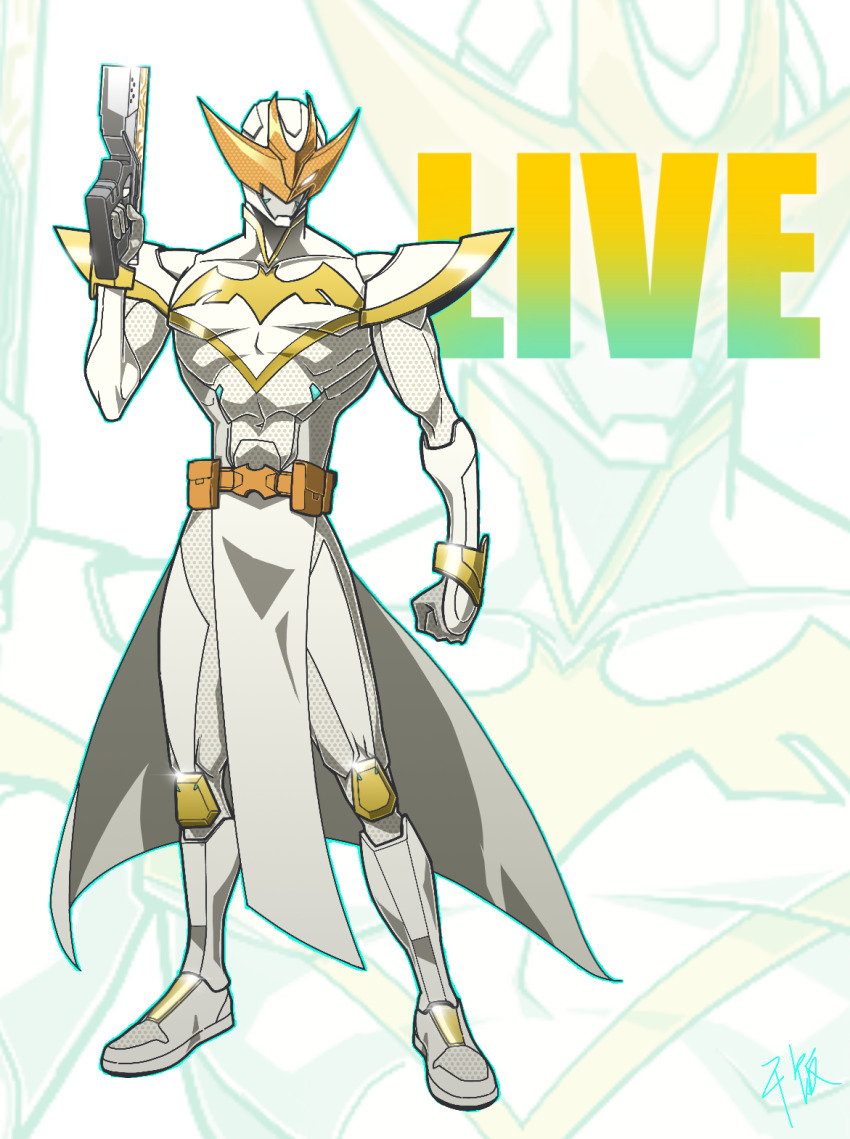 1boy armor bat_genome batman batman_(series) belt bodysuit boots character_name compound_eyes dc_comics full_body fusion gloves gun handgun highres holding holding_weapon kamen_rider kamen_rider_live kamen_rider_revice livegun loincloth superhero_costume tokusatsu tongzhen_ganfan utility_belt visor weapon white_armor white_bodysuit white_footwear white_gloves zoom_layer