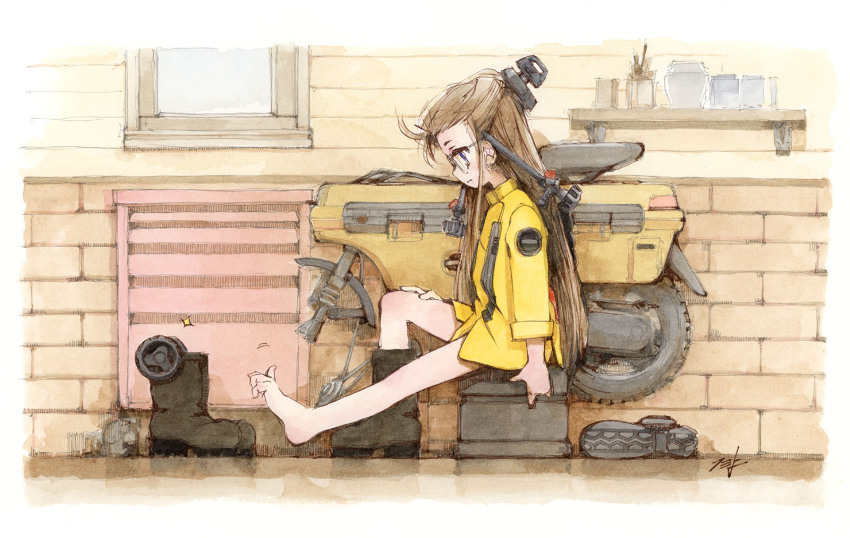 1girl barefoot black_boots blue_eyes boots brick_wall brown_hair closed_mouth commentary_request from_side hi_fumiyo highres honda_motocompo jacket long_hair long_sleeves looking_down original painting_(medium) personification profile shelf signature solo sparkle traditional_media vehicle_and_personification very_long_hair watercolor_(medium) window yellow_jacket