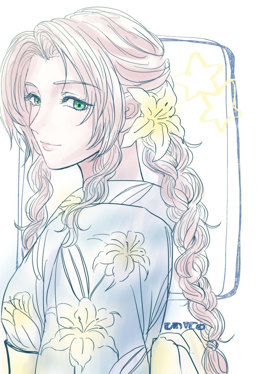 1girl aerith_gainsborough alternate_costume artist_name braid braided_ponytail brown_hair closed_mouth final_fantasy final_fantasy_vii final_fantasy_vii_rebirth final_fantasy_vii_remake floral_print flower green_eyes hair_flower hair_ornament highres japanese_clothes kimono lily_(flower) parted_bangs print_kimono sdsbtfl sidelocks single_braid solo upper_body wavy_hair yellow_flower