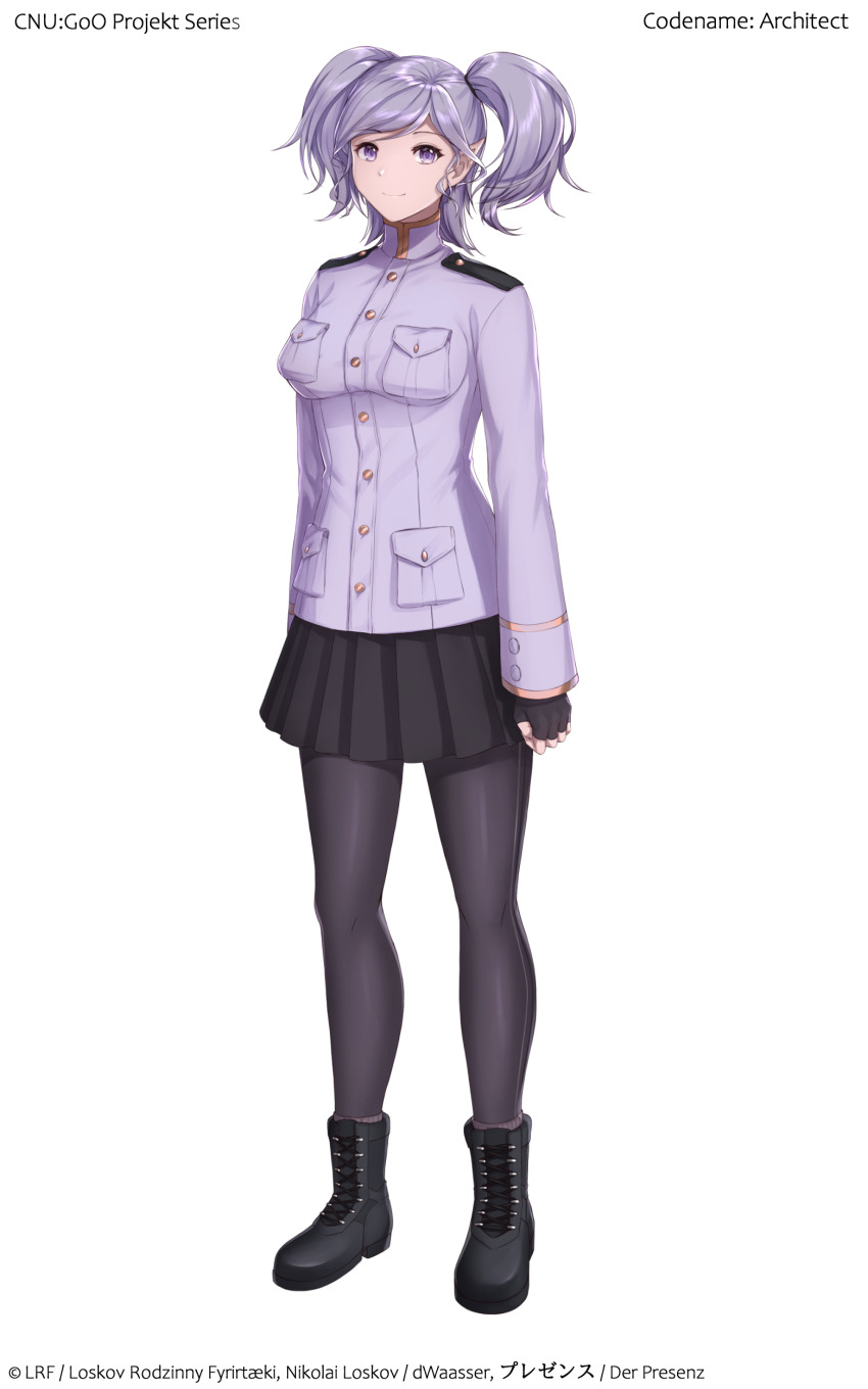 1girl absurdres administrator_(crossover_nexus) crossover_nexus_project crossover_nexus_series die_gejagte_jagerin elf highres isekai_monogatari_series military military_uniform naval_uniform pantyhose pointy_ears purple_eyes purple_hair resuta twintails