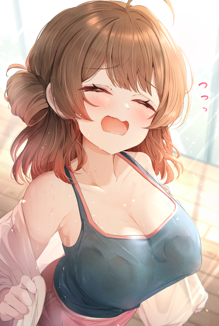 1girl absurdres ahoge armpits black_camisole breasts brown_hair camisole cleavage closed_eyes collarbone commentary_request covered_erect_nipples film_grain flying_sweatdrops gakuen_idolmaster gradient_hair hanami_ume highres idolmaster indoors large_breasts light_rays midriff_peek multicolored_hair open_clothes open_shirt orange_hair red_shorts shirt shorts sky_cappuccino solo sunlight sweat white_shirt