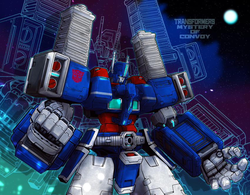 1boy autobot blue_eyes clenched_hand copyright_name insignia mecha nami_go no_humans open_hand robot science_fiction solo space transformers ultra_magnus zoom_layer