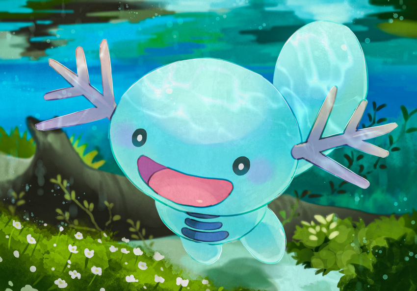 animal_focus blush bright_pupils commentary_request flower full_body gen_2_pokemon grass highres jumping nintendo no_humans open_mouth pokemon pokemon_(creature) smile solo tail toneko water white_pupils wooper